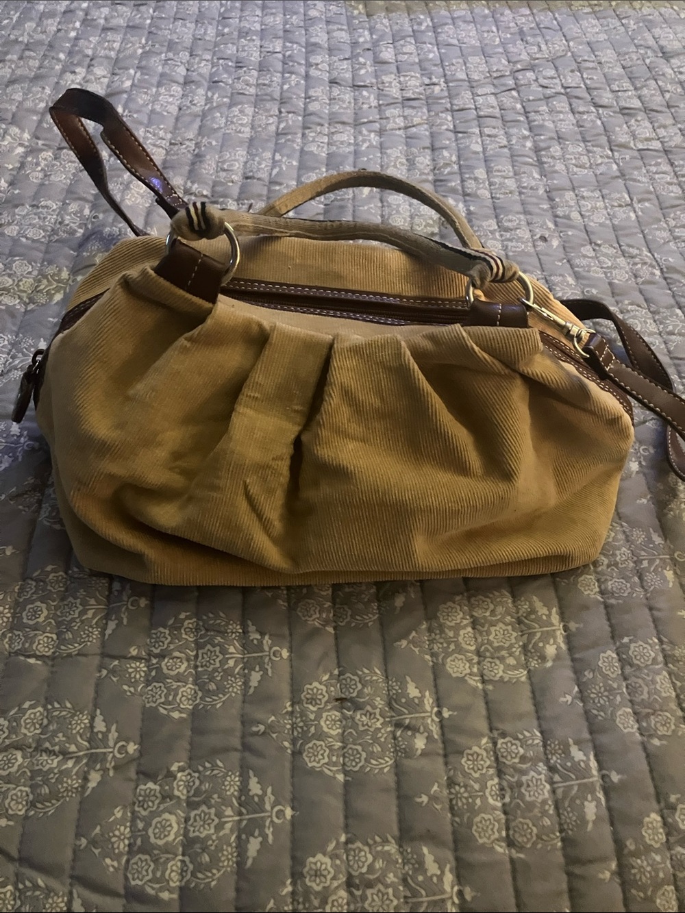 Tommy Hilfiger Tan Corduroy Shoulder Bag with Brown Trim